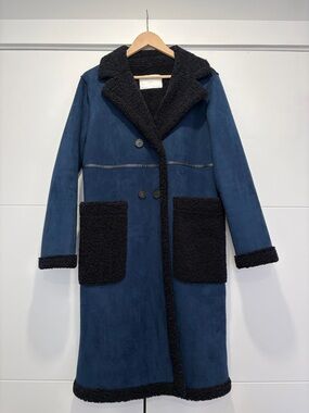 Zara Navy Blue Faux-Shearling Coat with Navy Blue Suede Trim